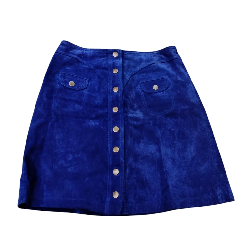 Anthropologie Blue 100% Suede Leather A-Line Button Down Skirt - Picture 3 of 11